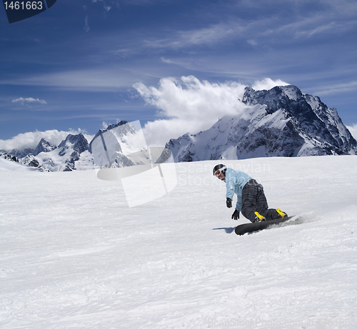 Image of Snowboarder descends a slope
