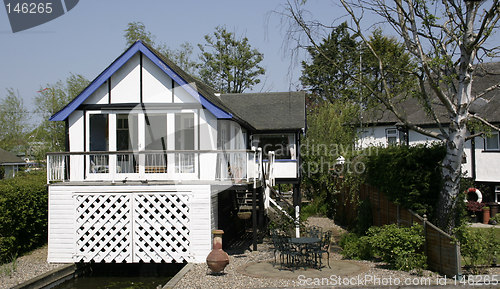 Image of thatched cottage with a boat house