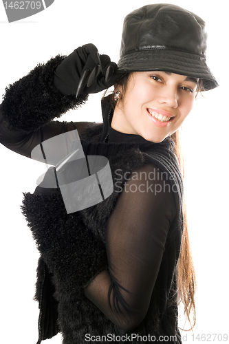 Image of Portrait of joyful girl in gloves with claws. Isolated