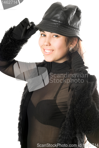 Image of Portrait of smiling girl in gloves with claws. Isolated