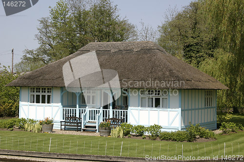 Image of thatched cottage next to the river