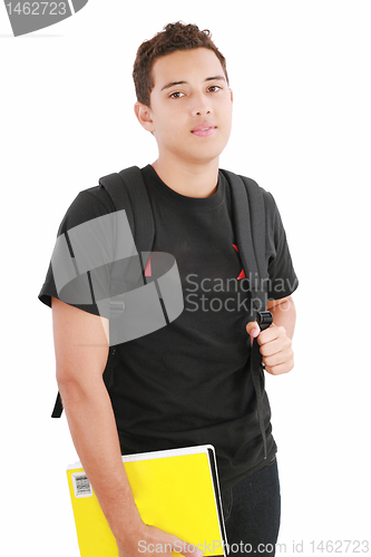 Image of attractive boy student standing with school backpack a over whit