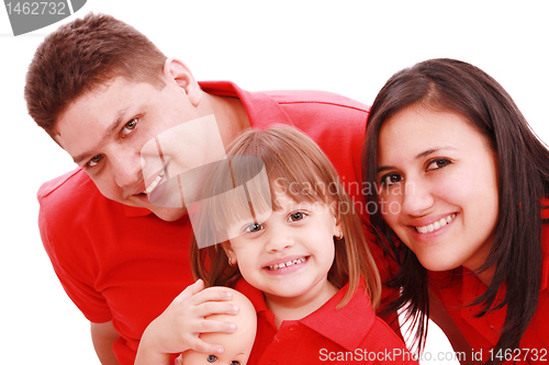 Image of Portrait of family looking at camera on a white background 