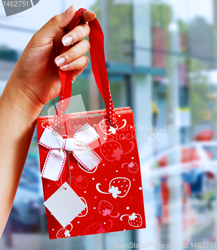 Image of A Gift Wrapped Bag Being Held Up