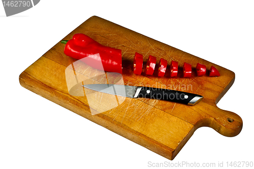 Image of Sliced Pepper and knife on chopping board