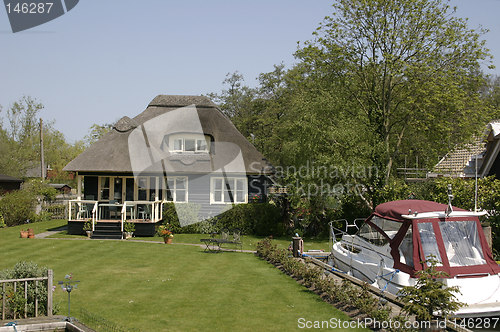 Image of thatched cottage with a boat