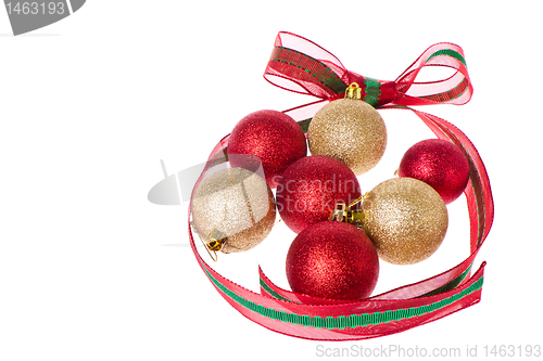 Image of christmas balls with big ribbon around