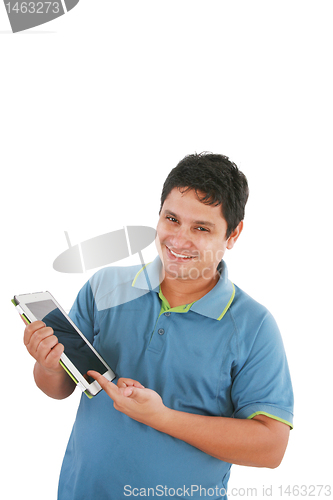 Image of Man with a tablet computer against a white background 