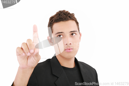 Image of teenager touch finger copy space pad with hand