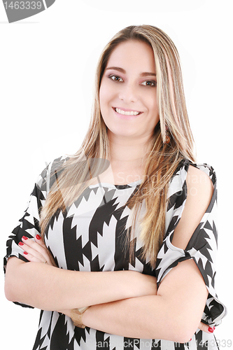 Image of Young smiling happy woman portrait on white. 