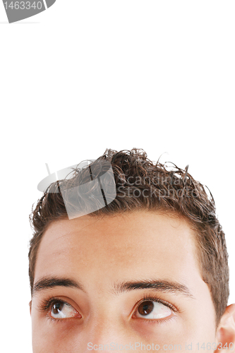 Image of Young trendy businessman looking up. Isolated against white back