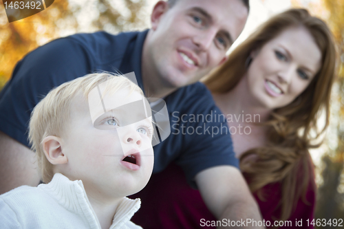 Image of Cute Child Looks Up to Sky as Young Parents Smile