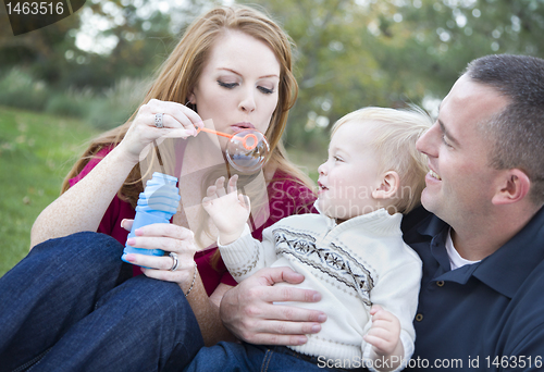 Image of Young Parents Blowing Bubbles with their Child Boy in Park