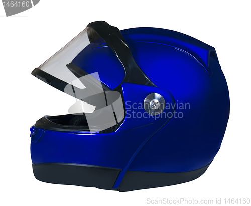 Image of Motorcycle helmet with a raised glass. Dark blue