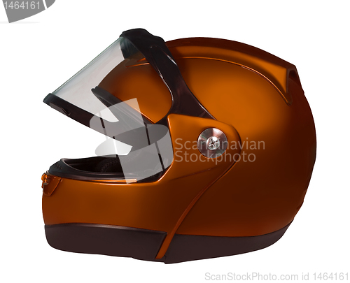 Image of Motorcycle helmet with a raised glass. Dark-golden