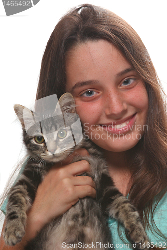 Image of Child Holding a Kitten on White