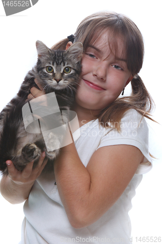 Image of Child Holding a Kitten on White
