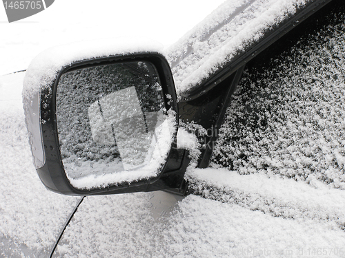 Image of snow on a rear-view mirror