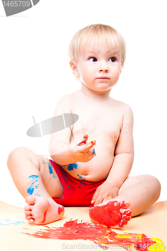 Image of baby boy gouache painting on isolated white