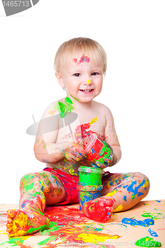 Image of baby boy gouache painting on isolated white