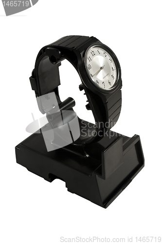 Image of Gents Black Wristwatch On Stand