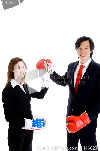 Image of Caucasian Woman Asian Man Raising Fists Boxing Gloves American F