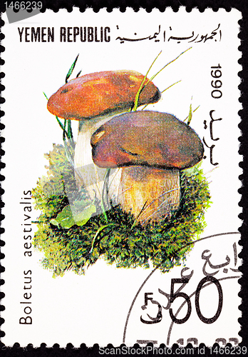 Image of Canceled Yemani Postage Stamp Mushroom Summer Cepe Boletus Retic