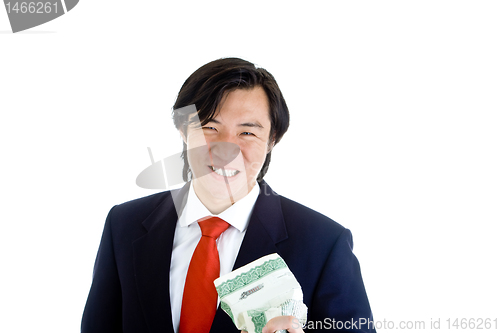 Image of Asian Man Grimacing while Crushing Stock Certificate White Backg