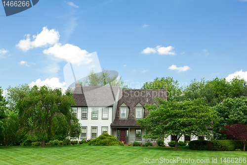 Image of Suburban Single Family House Home Lawn Trees Tudor