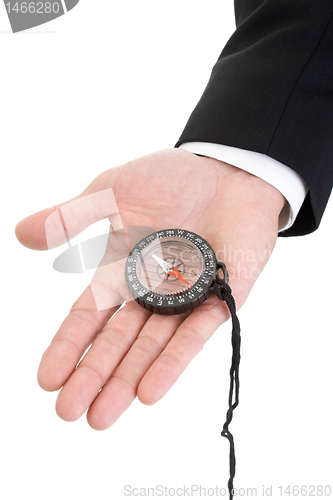 Image of Man's Hand Suit Sleeve Holding Compass Isolated on White Backgro