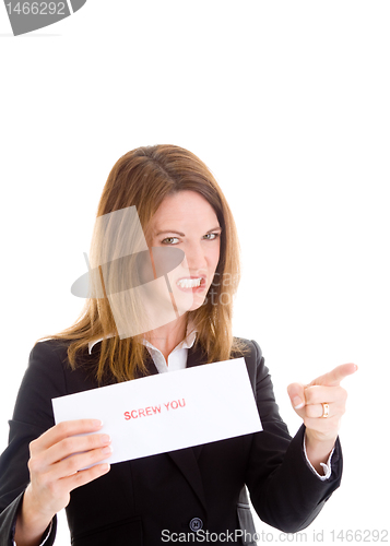 Image of Angry Caucasian Woman Holding Sign Grimacing and Pointing White 