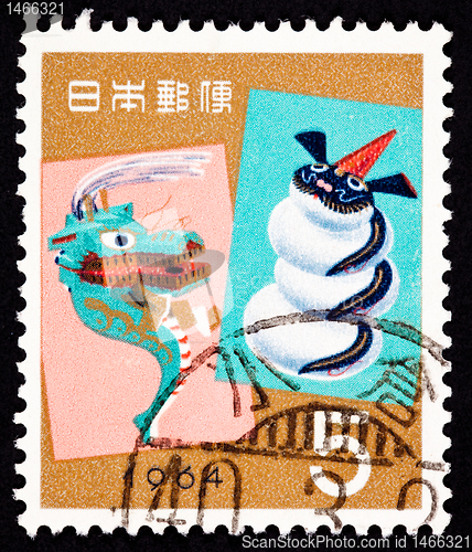 Image of Canceled Japanese Postage Stamp New Years 1964 Dragon Snowman