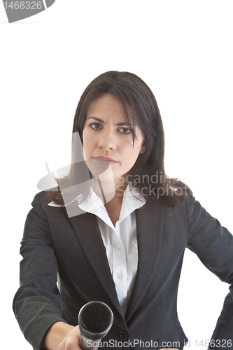 Image of Sceptical Woman Holding Microphone to Camera Questioning Isolate