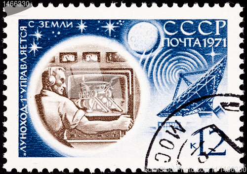 Image of Soviet Stamp Lunokhod Flight Control Man, Television, Satellite