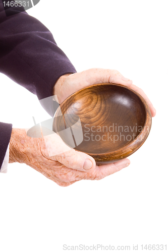 Image of Old White Man Hands Holding Wooden Bowl Isolated