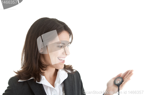 Image of Happy Caucasian Woman Looking at Compass Isolated White Backgrou