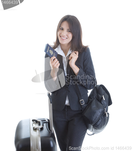 Image of Smiling Caucasian Woman with Passport and Suitcase Isolated Whit