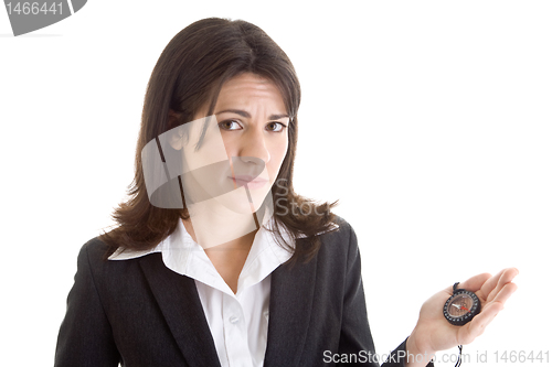 Image of Worried Caucasian Woman Holding Compass Looking At Camera White 