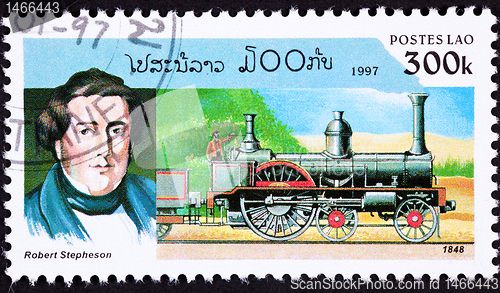 Image of Canceled Laos Postage Stamp Old Railroad Steam Locomotive Robert