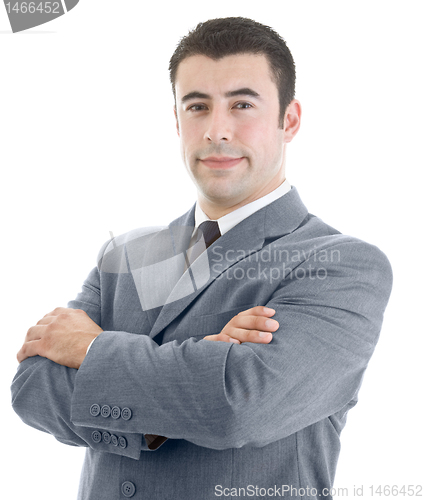 Image of Smiling Caucasian Hispanic Man Arms Crossed Isolated White Backg