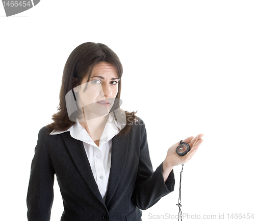 Image of Worried Woman Suit Holding Compass Isolated White