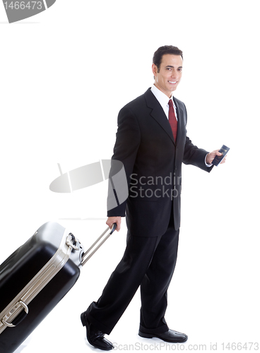 Image of Caucasian Man Traveling Pulling Suitcase and Passport Isolated W