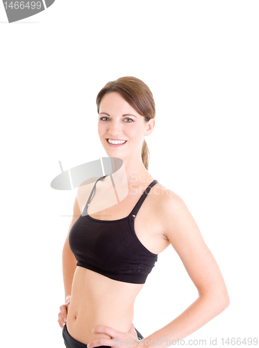 Image of Slender Caucasian Woman in Sports Bra Smiling White Background