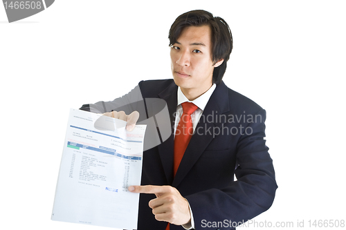 Image of Asian Man Pointing Past Due Medical Bill Isolated White Backgrou