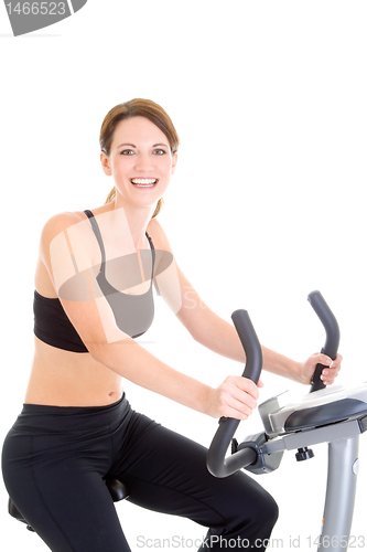 Image of Happy White Woman Riding Exercise Bike Isolated Background