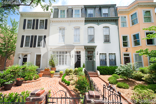 Image of Tidy Second Empire Style Row Homes, Brick Path, Washington DC