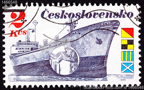 Image of Czechoslovakian Stamp Czech Freighter Brno, Man Peering Radar