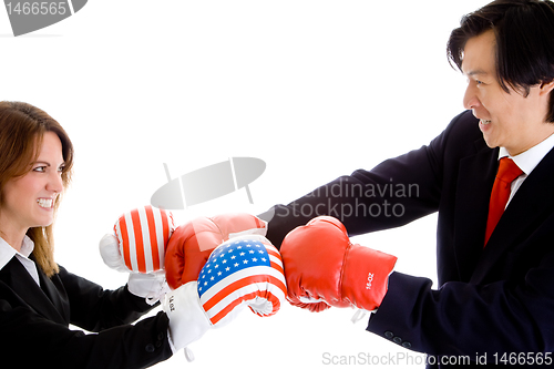 Image of Caucasian Woman Asian Man Boxing Gloves American Flag