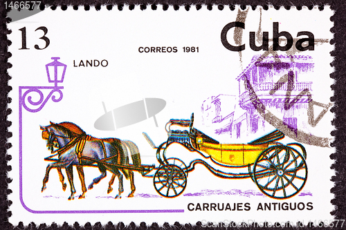 Image of Canceled Cuban Postage Stamp Horse Team Pulling Convertible Land