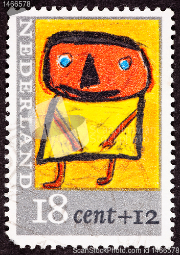 Image of Canceled Dutch Netherlands Postage Stamp Child's Drawing Person 